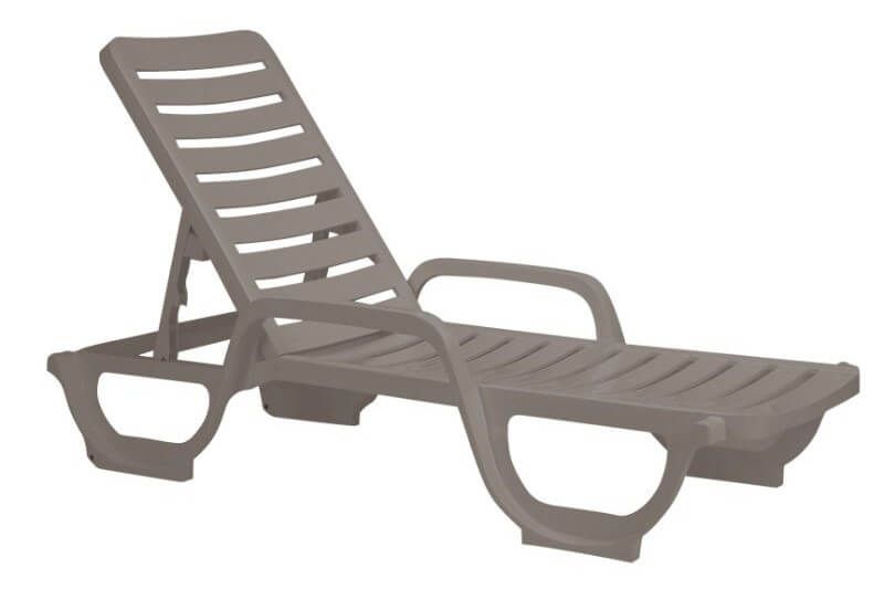 Bahia resin chaise lounge with adjustable backrest and integrated wheels in French Taupe, designed for commercial pool decks, resorts, and high-traffic hospitality environments.